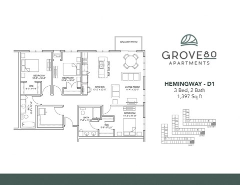 Floor plan for 3 beds, 2 baths, 1397 sqft